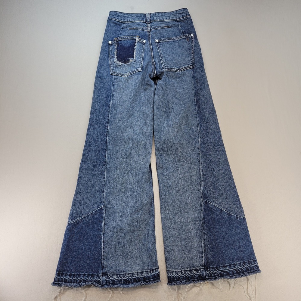 Pilcro Super Wide Leg Jeans Womens 24 Blue Patchwork High Rise Frayed Hem - Picture 3 of 12